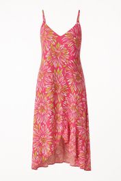 Angelle milan maxi jurk – koraalroze tropenprint – spaghettibandjes – travelstof – v-ruffle zoom – maten s t/m xxl