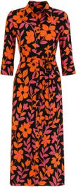 Angelle milan maxi jurk – zwart-oranje bloemenjurk met ceintuur - s