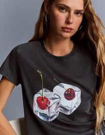 Bershka t-shirt met print en korte mouw dames xs donkergrijs