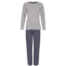 By louise dames pyjama set lang katoen grijs / donkerblauw gestreept