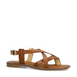 Cognac leren platte sandalen