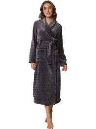 Dames badjas fleece - grijs - morning gown - extra lange warme ochtendjas- sjaalkraag - ceintuur