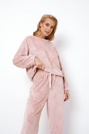 Dames pyjama betsy-warme loungeset-sneeuwvlokdesign-steekzakken & taillekoord-oudroze-maat xl