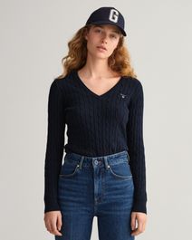 Gant women kabeltrui met v-hals van stretchkatoen (l) blauw