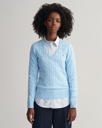 Gant women kabeltrui met v-hals van stretchkatoen (m) blauw