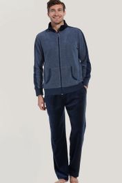 Heren huispak pastunette - badstof vest - velours broek - blauw - maat s