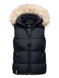 MARIKOO B896 Wintervest voor dames, gewatteerd vest met capuchon en bontkraag, grijs, S MARIKOO B896 Wintervest voor dames, gewatteerd vest met capuchon en bontkraag, grijs, S