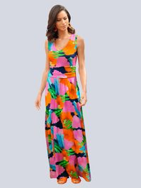 Maxi-jurk met zomers bloemendessin allover alba moda oranje/blauw/pink