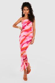 Mesh maxi jurk met abstracte print, pink