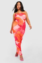 Plus mesh maxi jurk met abstracte bloemenprint, orange