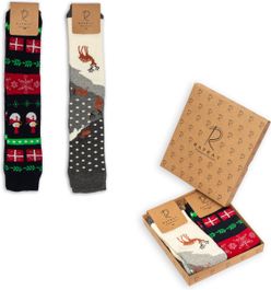 Rafray sokken - warme lange wintersokken voor dames - giftbox - kerstsokken - navy snowman & deer - premium katoen - 2 paar - maat 36-40