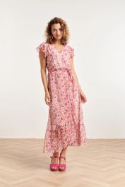 Smashed lemon 24307 wikkelstijl maxi jurk van chiffon met fuchsialime