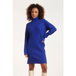 Smashed lemon 24629 blauwe gebreid jurk met kabeltructuur