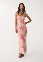 Stradivarius midi-jurk van tule met print pastelroze xs