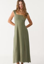 Stradivarius vloeiende midi-jurk met gekruiste rug en linnen kaki xl