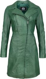 Urban 5884® - janice - dames - lange leren jas - lamsleer - schuine ritssluiting - groen - maat 6xl