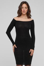 Urban classics ladies off shoulder longsleeve glitter dress black maat: l | mini jurken outlet | dames | zwart