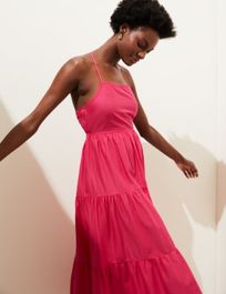 Womens m&s collection zuiver katoenen midaxi-strandjurk met vierkante hals - bright red, bright red